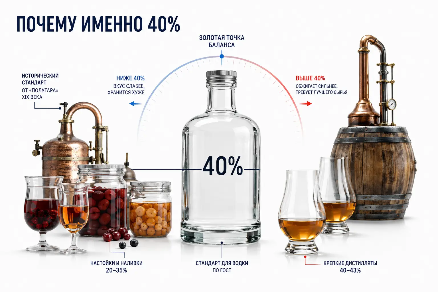 Инфографика «Почему именно 40%»: бутылка с крепостью 40% между настойками и наливками (20–35%) и крепкими дистиллятами вроде виски (40–43%)