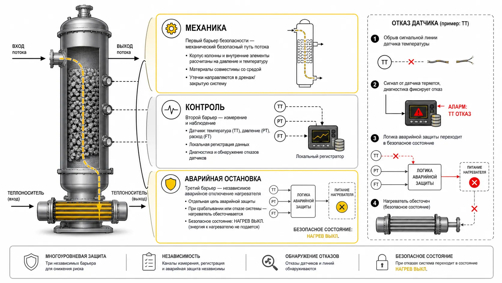 Три уровня автоматизации колонны: механическая безопасность, контроль датчиками и аварийное отключение нагрева