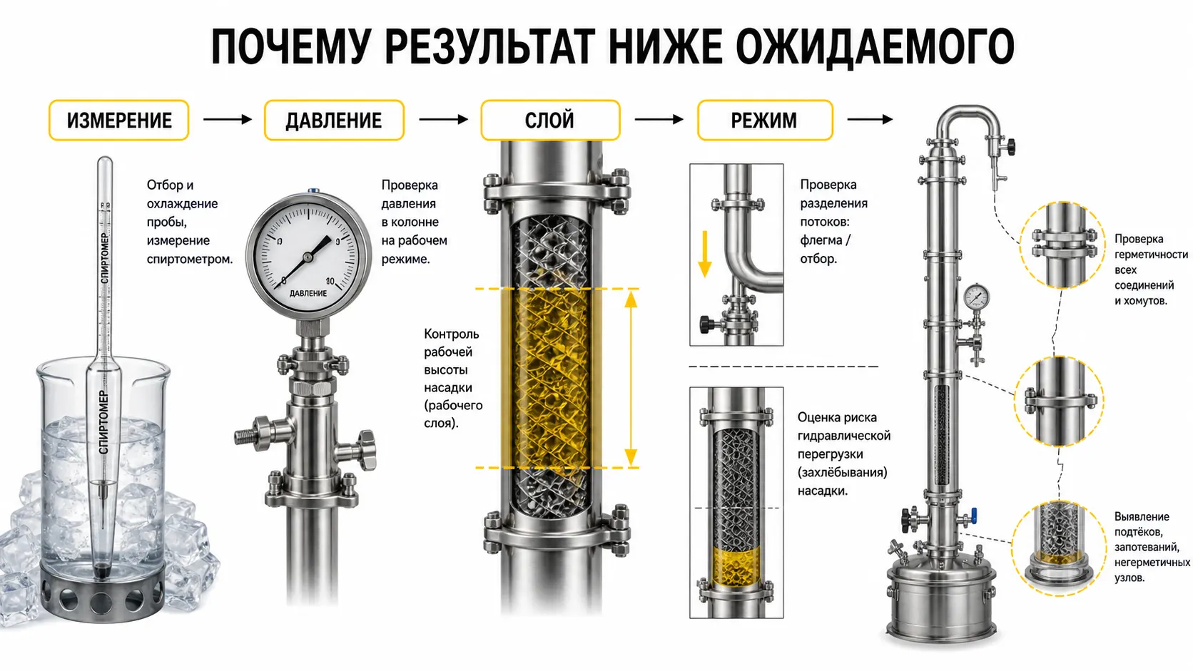 Четыре группы причин недожима спирта на колонне с СПН: оборудование, технология процесса, сырьё и погрешность измерения