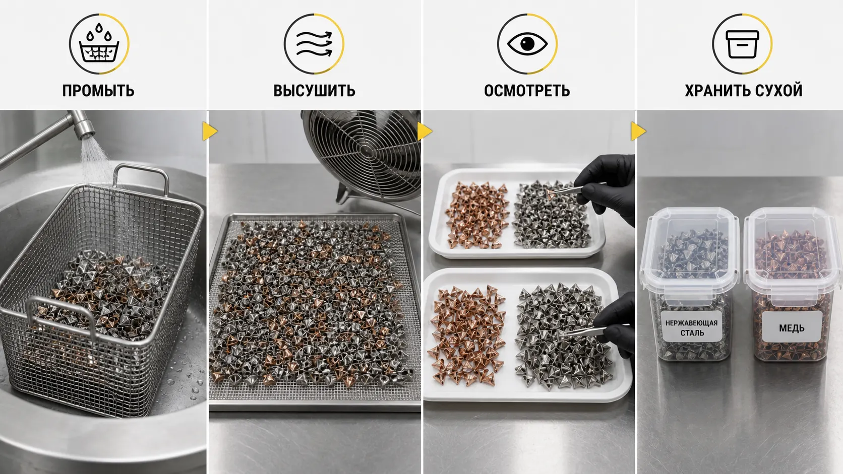 Четыре этапа хранения СПН: промывка, полная сушка, осмотр и раздельная герметичная тара для меди и нержавейки
