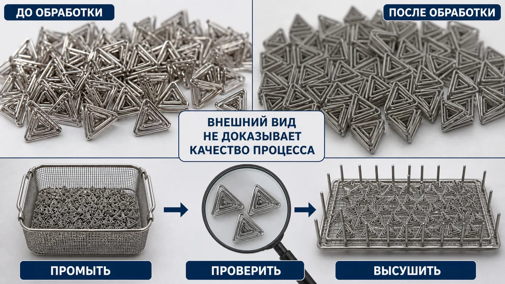 Сравнение поверхности СПН до и после травления: гладкая блестящая проволока против матовой шероховатой после химической обработки