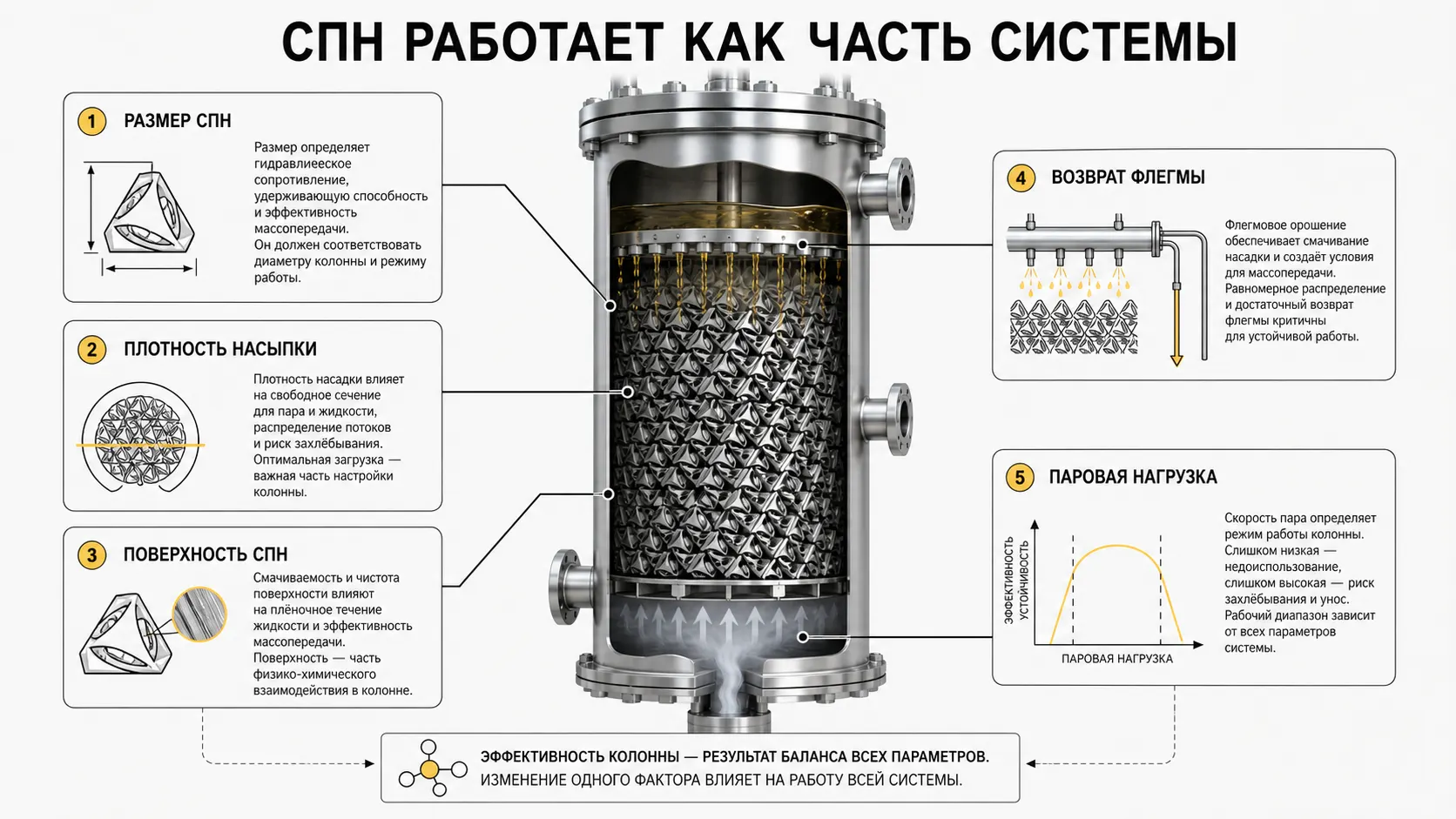 Системная схема факторов работы СПН: размер, плотность, поверхность, возврат флегмы и паровая нагрузка