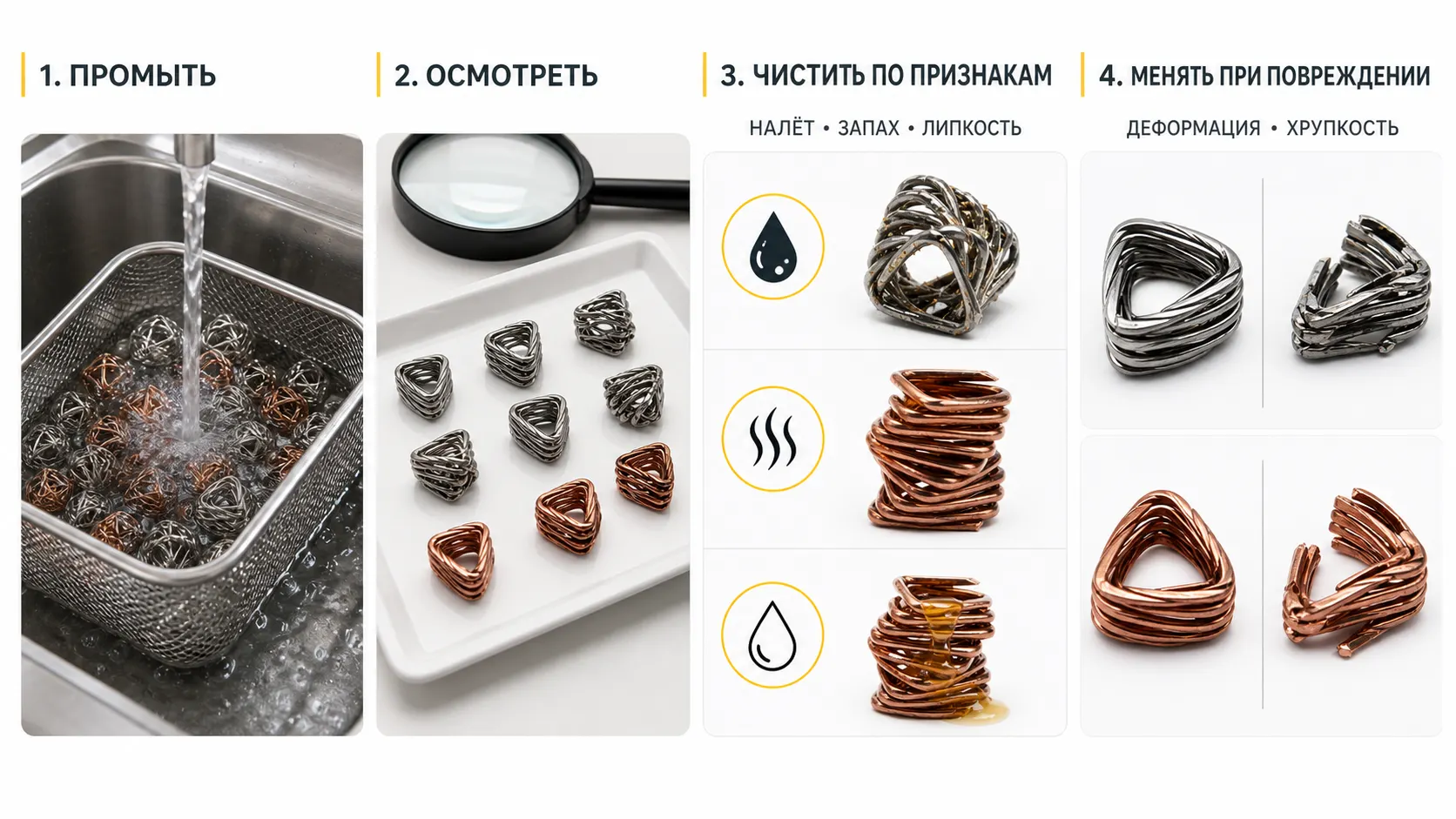 Схема обслуживания СПН: промыть, осмотреть, глубоко чистить по признакам загрязнения и менять при повреждении
