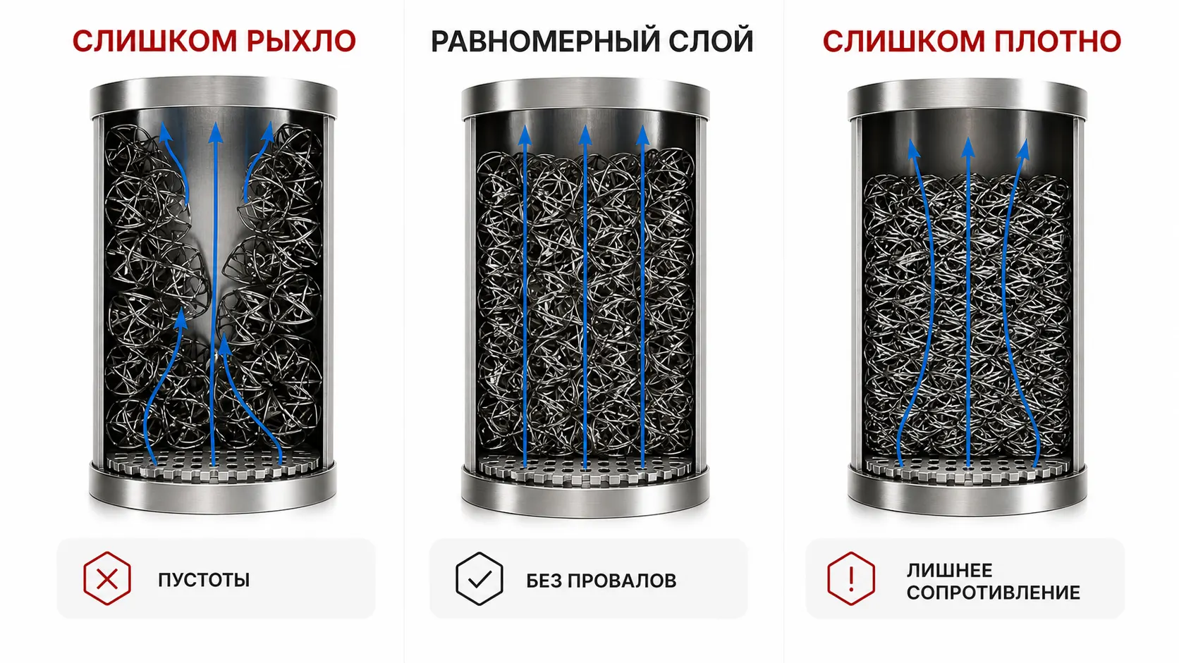 Три состояния засыпки СПН: слишком рыхлый слой с пустотами, равномерный слой и чрезмерно плотный слой с лишним сопротивлением